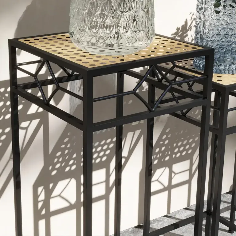 Växtställ Blomsterpall Guld av Metall med Rottinglook 3