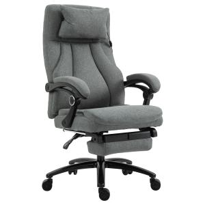 Kontorsstol med Massagefunktion och Fotstöd, Höj- och Sänkbar Chefsstol, Ergonomisk Snurrstol, Linnelook, Grå, 64 x 74 x 109–117 cm