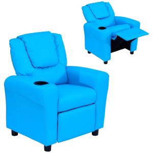 Barnfåtölj med Liggfunktion Minisoffa för Barn 3-6 År med Mugghållare Idealisk för Lekrum Blå 62 X 52 X 69 Cm