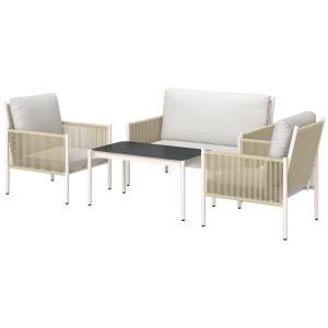 Trädgårdsmöbelset i Polyrattan Loungeset med 2-sits Soffa, Fåtölj och Glasbord för 4, Brun+Grå