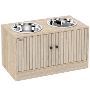 Matbar Hund med Skåp Praktisk Mörkbrun Trä och Rostfritt Stål för Stora Hundar Foderstation med Förvaring och 2 Skålar Snygg Möbeldesign