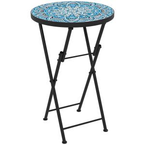 Sidobord Trädgårdsbord Hopfällbart Blå av Metall för Balkong och Camping Runt Mosaikbord 35,5 x 55 cm