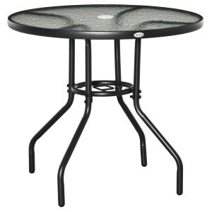 Runt Trädgårdsbord med Glasskiva Väderbeständigt Bistrobord med Parasollhål Stabil Metallram Svart 80 X 72 Cm