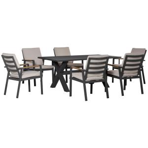 Matgrupp i Metall 6 Personer, Modern Utemöbel med Bord och Stolar, Väderbeständig Design för Terrass, Svart/Grå, 175 x 92,5 x 73 cm