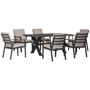 Matgrupp i Metall 6 Personer, Modern Utemöbel med Bord och Stolar, Väderbeständig Design för Terrass, Svart/Grå, 175 x 92,5 x 73 cm