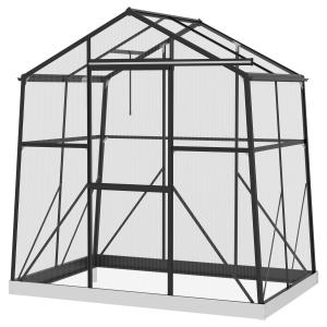 Växthus Aluminiumväxthus Svart av Aluminium och Polykarbonat för Trädgård och Odling med Fönster och Skjutdörr Stabil Grund 131 x 192 x 203 cm