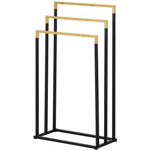 Handduksställ Badhanddukshållare Svart av Stål och Bambu för Badrum Fristående med 3 Stänger Modern Design Praktisk