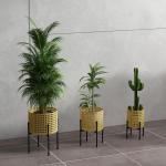 Växtställ Blomsterställ Guld av Stål med Rottinglook för Inomhus och Utomhusbruk Set med 3 Krukhållare Dekorativ Design