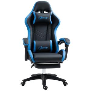 Gamingstol Skrivbordsstol Blå Svart av Konstläder för Spel och Arbete Höjdjusterbar med Svankkudde och Nackstöd Fällfunktion 120 kg