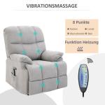 Massagestol med Uppresningshjälp, Bekväm Relaxstol med Värme och Liggfunktion, Mjukt Plyschtyg för Maximal Komfort, Grå, 83 x 95 x 105 cm