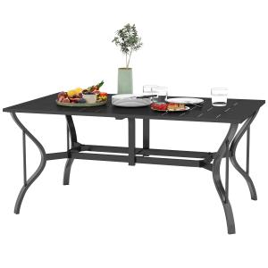 Väderbeständigt Balkongbord i Stål med Paraplyhål, Lamelldesign, för 6 Personer, Svart, 150 x 90 cm
