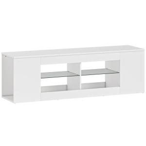 TV-Bänk 140 cm Vit Spånskiva och Glas för Vardagsrum Modern Mediamöbel med 6 Fack och Hyllor Robust och Stilren Design