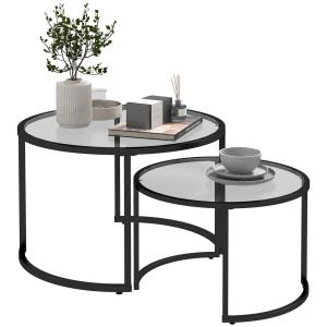 Soffbordsset Sidobord Set om 2 Svart av Stål och Härdat Glas för Vardagsrum och Lounge Stapelbara Bord Modern Design