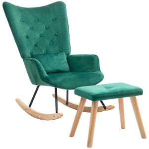 Gungstol Amningsstol Grön av Sammet och Trä för Sovrum Bekväm Fåtölj med Pall Vingstol 66 x 96 x 101 cm