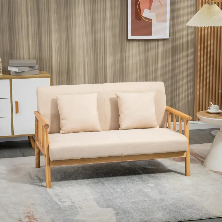Soffa Loveseat Beige av Tyg med Linnelook och Trä 2-Sits