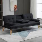 Bäddsoffa 3-Sits Soffa Stoppad med Bord och Mugghållare Grå av Linnelook och Trä för Vardagsrum Skandinavisk Design Kapacitet 250 kg