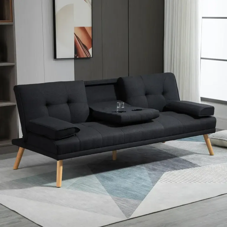 Bäddsoffa Soffa Stoppad med Bord och Mugghållare Grå 3-Sits