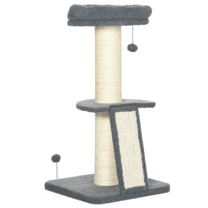 Klösträd med Lammskinnsimitation, Mjuk Klösmöbel med Plattform och Lekboll, Mysig Sovplats för Katter, Mörkgrå/Krämvit, 92 cm
