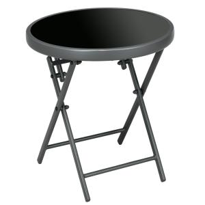 Sidobord Fällbord Litet Campingbord Svart av Glas och Metall för Balkong och Terrass Runt Soffbord 45 x 45 x 50 cm