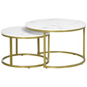 Soffbord Sidobord Vit Guld av Stål med Marmorlook för Vardagsrum Set om 2 Runda Bord 30 kg