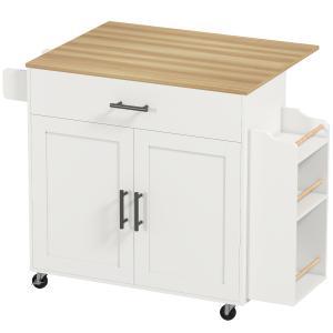 Köksö på Hjul med Fällbar Skiva Vit MDF och Gummiträ för Kök Mobil Serveringsvagn med Låda och Handdukshållare Praktisk Arbetsbänk 120 x 68 x 85 cm
