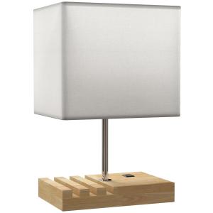 Bordslampa med USB-uttag Vit Trä och Tyg för Sovrum och Nattduksbord Sänglampa med Förvaringsfack och Dragströmbrytare Praktisk Design