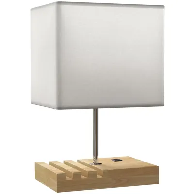 Bordslampa med USB-Uttag Vit Trä och Tyg och Nattduksbord