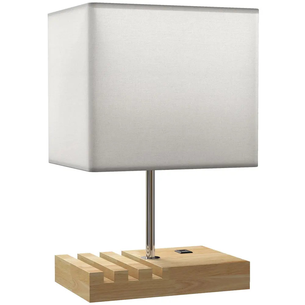 Bordslampa med USB-Uttag Vit Trä och Tyg och Nattduksbord
