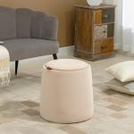 Rund Sittpuff med Förvaring, Klädd Ottoman i Sammet med Vändbart Lock, Fungerar som Sidobord, Beige, 44 x 47,5 cm