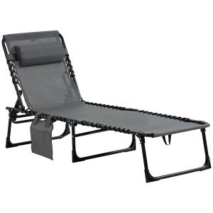 Solstol Solsäng Hopfällbar med Kudde Grå av Textil och Metall för Trädgård och Strand Justerbar Ryggstöd 120 kg